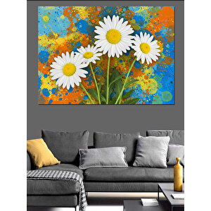 Papatyalar Ve Mavi Fon Dekoratif Kanvas - Mdf Ahşap Tablo 50x70 cm