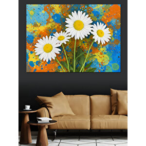 Papatyalar Ve Mavi Fon Dekoratif Kanvas - Mdf Ahşap Tablo