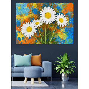 Papatyalar Ve Mavi Fon Dekoratif Kanvas - Mdf Ahşap Tablo