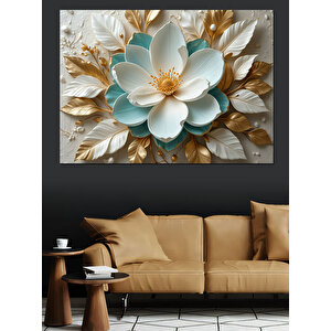 Altın Yapraklı Beyaz Çiçek Dekoratif Kanvas - Mdf Ahşap Tablo