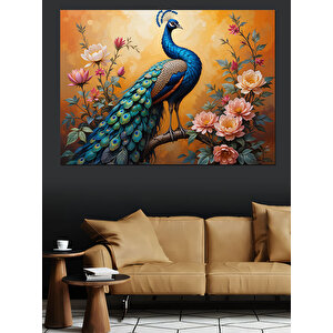 Çiçekler Arasında Tavus Kuşu Dekoratif Kanvas - Mdf Ahşap Tablo 100x140 cm