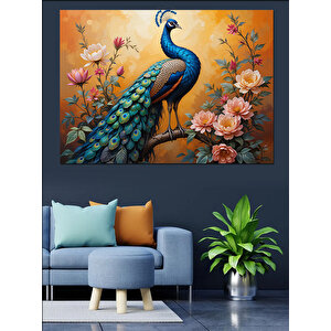Çiçekler Arasında Tavus Kuşu Dekoratif Kanvas - Mdf Ahşap Tablo 100x140 cm