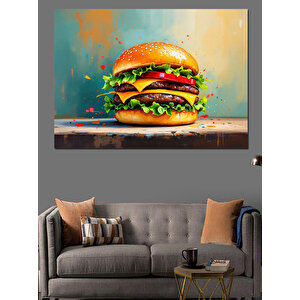 Renk Patlamalı Lezzetli Hamburger Dekoratif Kanvas - Mdf Ahşap Tablo 35x50 cm
