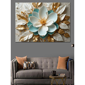 Altın Yapraklı Beyaz Çiçek Dekoratif Kanvas - Mdf Ahşap Tablo 70x100 cm