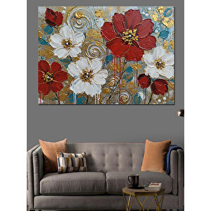 Kırmızı Beyaz Vintage Çiçekler Dekoratif Kanvas - Mdf Ahşap Tablo 50x70 cm