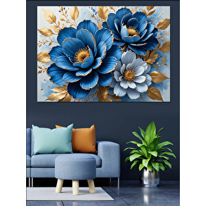 Mavi Altın Çiçek İllüstrasyonu Dekoratif Kanvas - Mdf Ahşap Tablo 35x50 cm