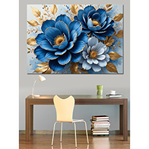 Mavi Altın Çiçek İllüstrasyonu Dekoratif Kanvas - Mdf Ahşap Tablo 35x50 cm