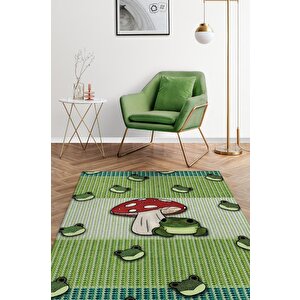 Şaşkın Kurbağa Yeşil Renkli Minimalist Mutfak Halısı Kurbağa Baskılı Özel Tasarım Halı 160x240 cm