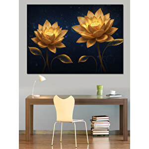 Altın Lotus Çiçek Heykeli Dekoratif Kanvas - Mdf Ahşap Tablo 35x50 cm