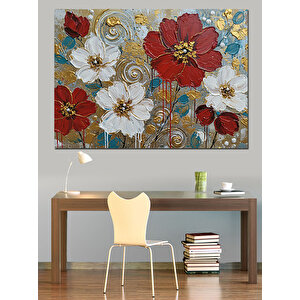 Kırmızı Beyaz Vintage Çiçekler Dekoratif Kanvas - Mdf Ahşap Tablo 25x35 cm