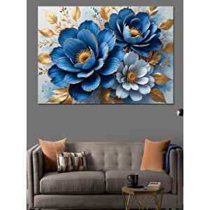 Mavi Altın Çiçek İllüstrasyonu Dekoratif Kanvas - Mdf Ahşap Tablo 70x100 cm