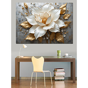 Altın Beyaz Lotus Çiçeği Dekoratif Kanvas - Mdf Ahşap Tablo 50x70 cm