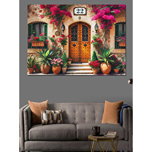Çiçekli Taş Ev Kapısı Dekoratif Kanvas - Mdf Ahşap Tablo 100x140 cm