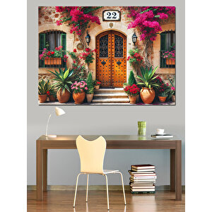 Çiçekli Taş Ev Kapısı Dekoratif Kanvas - Mdf Ahşap Tablo 100x140 cm