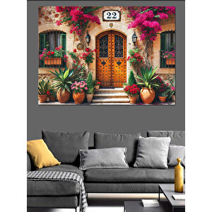 Çiçekli Taş Ev Kapısı Dekoratif Kanvas - Mdf Ahşap Tablo 100x140 cm