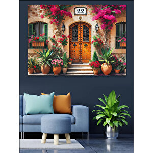 Çiçekli Taş Ev Kapısı Dekoratif Kanvas - Mdf Ahşap Tablo