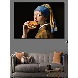 Hamburger Yiyen İnci Küpeli Kız Dekoratif Kanvas - Mdf Ahşap Tablo 100x140 cm
