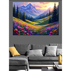 Renkli Çiçekli Dağ Manzarası Dekoratif Kanvas - Mdf Ahşap Tablo 70x100 cm