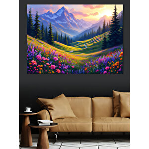Renkli Çiçekli Dağ Manzarası Dekoratif Kanvas - Mdf Ahşap Tablo 70x100 cm