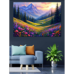 Renkli Çiçekli Dağ Manzarası Dekoratif Kanvas - Mdf Ahşap Tablo 70x100 cm