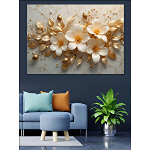 Altın Beyaz Çiçek Demeti Dekoratif Kanvas - Mdf Ahşap Tablo 50x70 cm