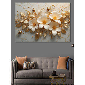 Altın Beyaz Çiçek Demeti Dekoratif Kanvas - Mdf Ahşap Tablo