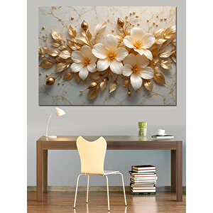 Altın Beyaz Çiçek Demeti Dekoratif Kanvas - Mdf Ahşap Tablo