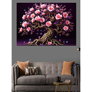 Pembe Çiçekli Ağaç Dekoratif Kanvas - Mdf Ahşap Tablo 70x100 cm