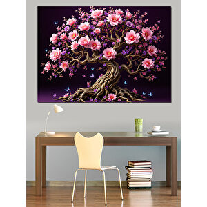 Pembe Çiçekli Ağaç Dekoratif Kanvas - Mdf Ahşap Tablo 70x100 cm