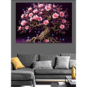 Pembe Çiçekli Ağaç Dekoratif Kanvas - Mdf Ahşap Tablo 70x100 cm