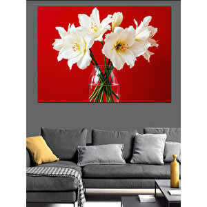 Kırmızı Vazoda Beyaz Çiçekler Dekoratif Kanvas - Mdf Ahşap Tablo 100x140 cm