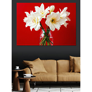 Kırmızı Vazoda Beyaz Çiçekler Dekoratif Kanvas - Mdf Ahşap Tablo 100x140 cm