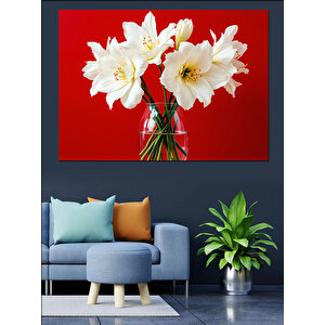 Kırmızı Vazoda Beyaz Çiçekler Dekoratif Kanvas - Mdf Ahşap Tablo 100x140 cm