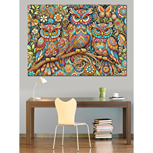Mandala Çiçekler Ve Baykuş Ailesi Dekoratif Kanvas - Mdf Ahşap Tablo 70x100 cm