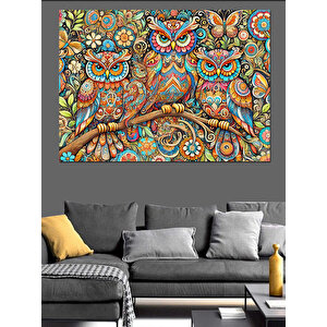 Mandala Çiçekler Ve Baykuş Ailesi Dekoratif Kanvas - Mdf Ahşap Tablo 70x100 cm