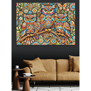 Mandala Çiçekler Ve Baykuş Ailesi Dekoratif Kanvas - Mdf Ahşap Tablo 70x100 cm