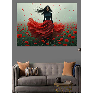 Gelincik Bahçesinde Kırmızı Elbiseli Kadın Dekoratif Kanvas - Mdf Ahşap Tablo 35x50 cm