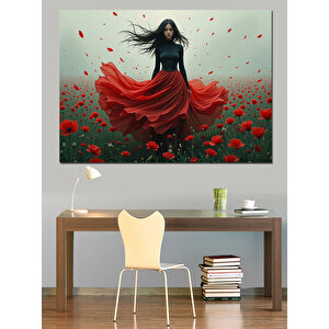 Gelincik Bahçesinde Kırmızı Elbiseli Kadın Dekoratif Kanvas - Mdf Ahşap Tablo 35x50 cm