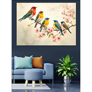 Kiraz Çiçeğinde Kuşlar Dekoratif Kanvas - Mdf Ahşap Tablo 70x100 cm
