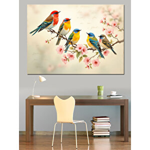 Kiraz Çiçeğinde Kuşlar Dekoratif Kanvas - Mdf Ahşap Tablo 70x100 cm