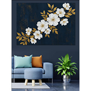 Lacivert Zeminde Beyaz Çiçekler Dekoratif Kanvas - Mdf Ahşap Tablo 35x50 cm