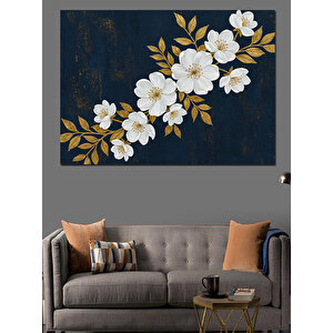 Lacivert Zeminde Beyaz Çiçekler Dekoratif Kanvas - Mdf Ahşap Tablo 35x50 cm