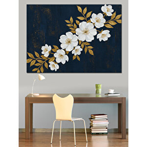 Lacivert Zeminde Beyaz Çiçekler Dekoratif Kanvas - Mdf Ahşap Tablo 35x50 cm