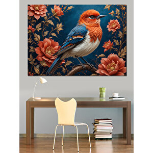 Kırmızı Çiçekli Mavi Kuş Dekoratif Kanvas - Mdf Ahşap Tablo 50x70 cm