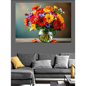 Rengarenk Çiçek Vazosu Dekoratif Kanvas - Mdf Ahşap Tablo 50x70 cm