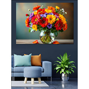 Rengarenk Çiçek Vazosu Dekoratif Kanvas - Mdf Ahşap Tablo 50x70 cm