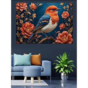 Kırmızı Çiçekli Mavi Kuş Dekoratif Kanvas - Mdf Ahşap Tablo 35x50 cm