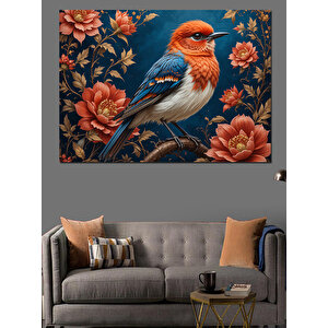 Kırmızı Çiçekli Mavi Kuş Dekoratif Kanvas - Mdf Ahşap Tablo 35x50 cm