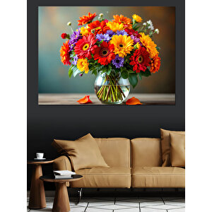 Rengarenk Çiçek Vazosu Dekoratif Kanvas - Mdf Ahşap Tablo 70x100 cm