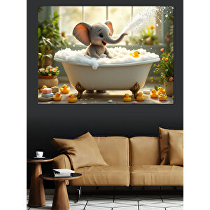 Banyo Yapan Fil Dekoratif Kanvas - Mdf Ahşap Tablo 100x140 cm